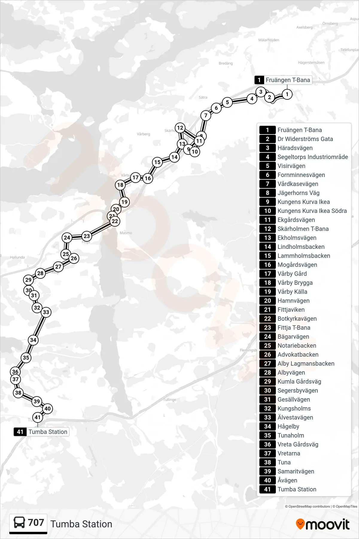 Rutt och hållplatser på karta för linje 707  buss, (Tumba Station)