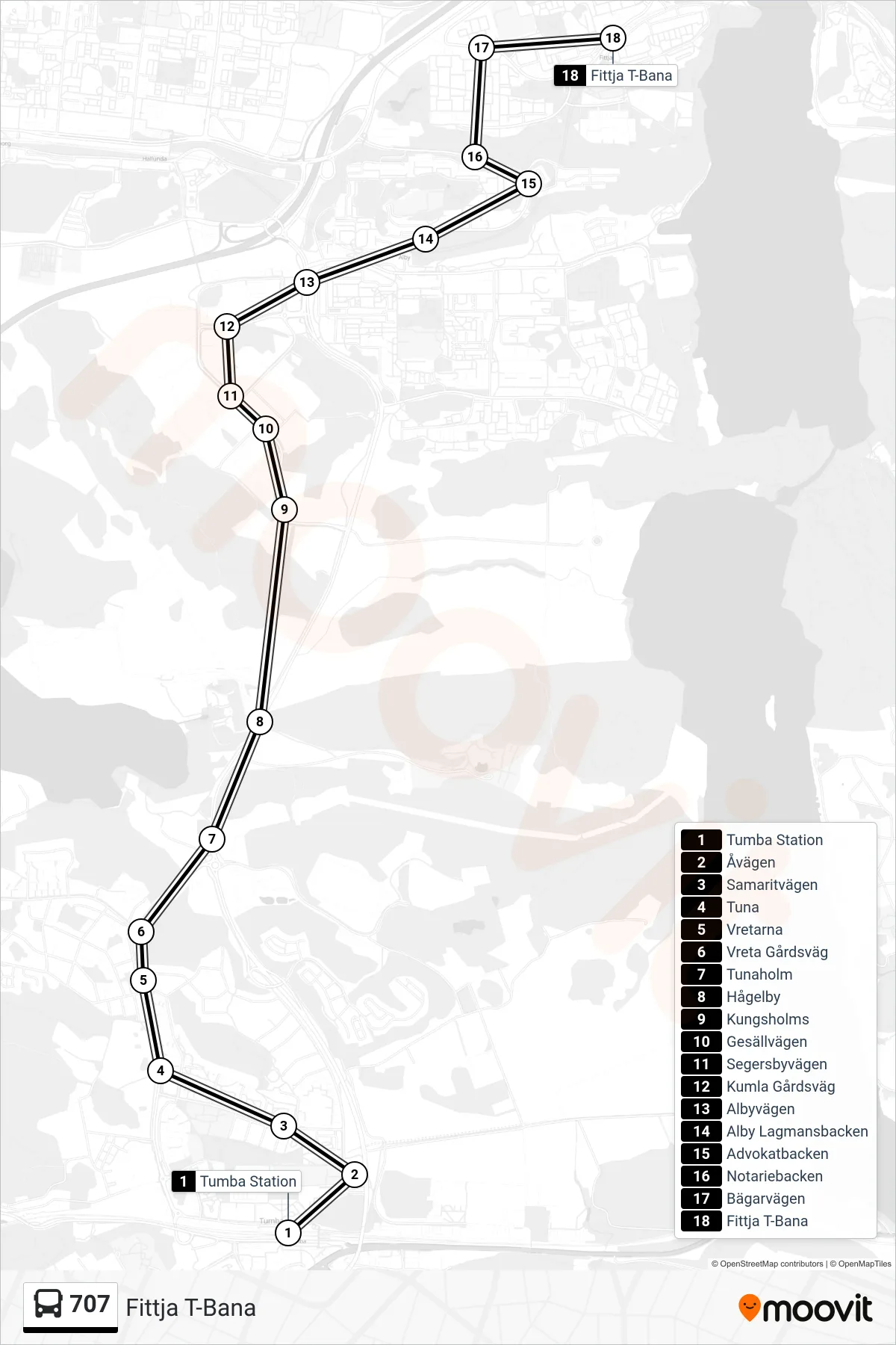 Rutt och hållplatser på karta för linje 707  buss, (Fittja T-Bana)