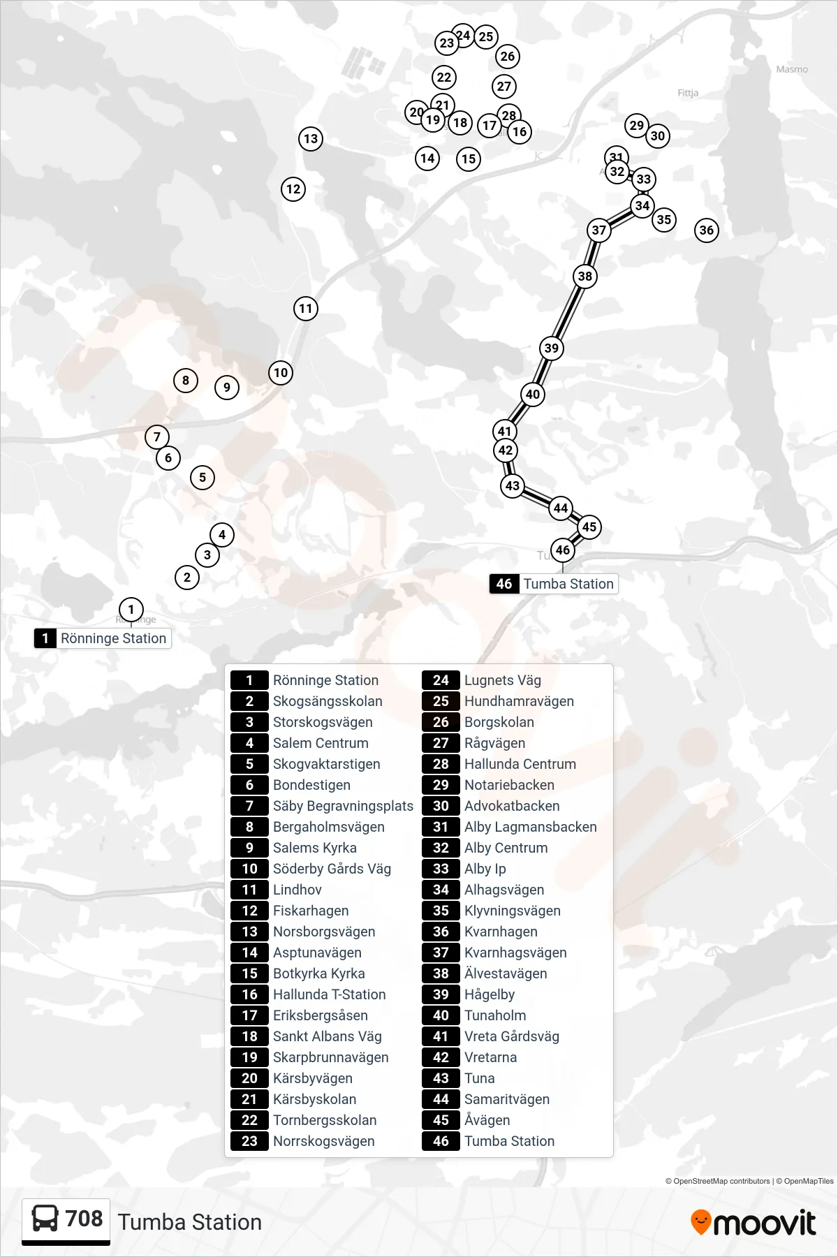 Rutt och hållplatser på karta för linje 708  buss, (Tumba Station)
