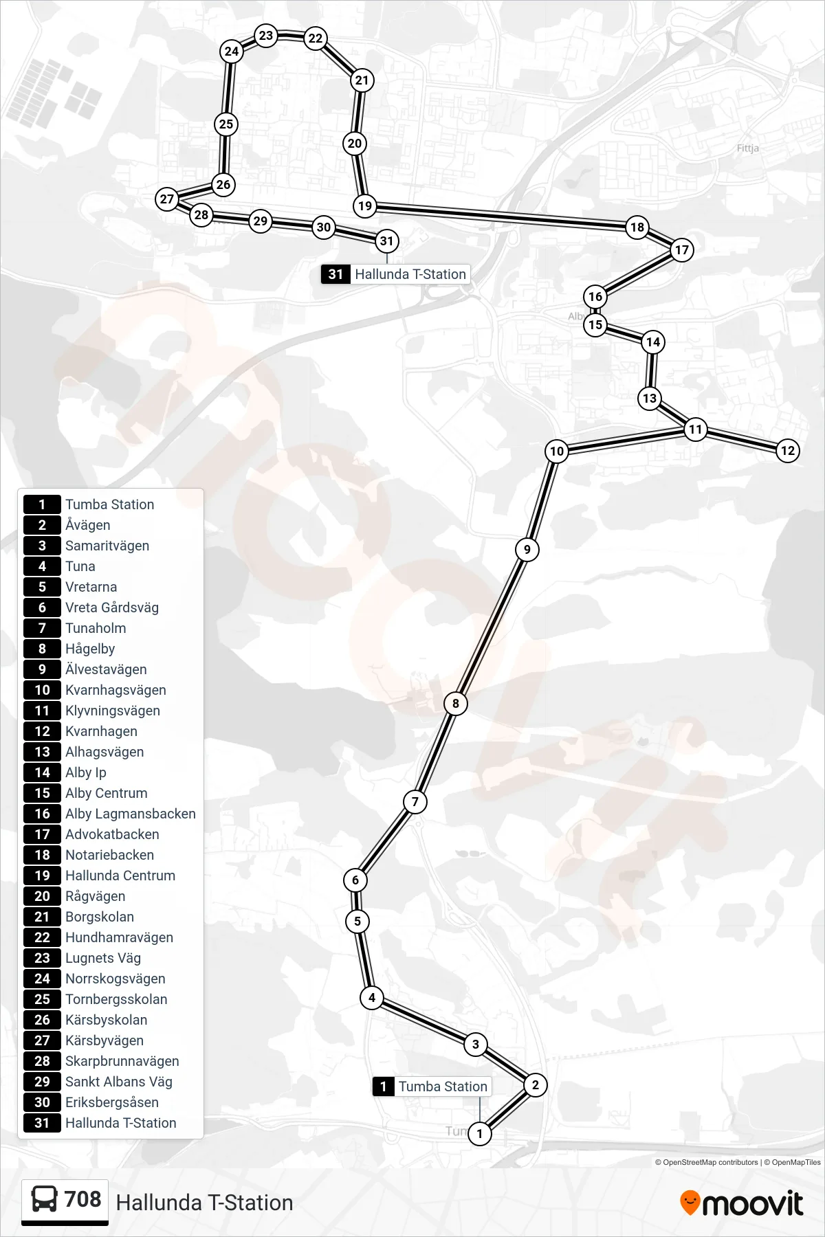 Rutt och hållplatser på karta för linje 708 buss, (Hallunda T-Station)