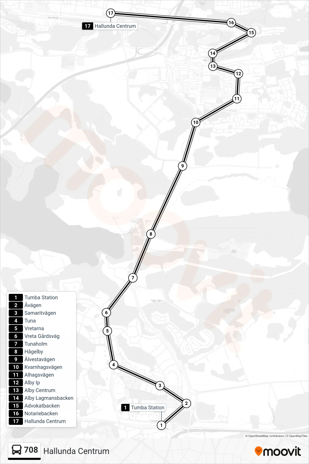 Rutt och hållplatser på karta för linje 708 buss, (Hallunda Centrum)