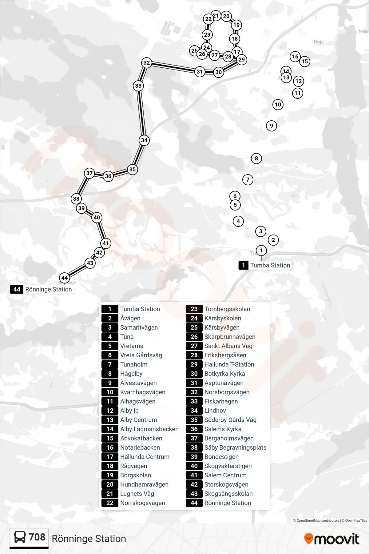 Rutt och hållplatser på karta för linje 708 buss, (Rönninge Station)