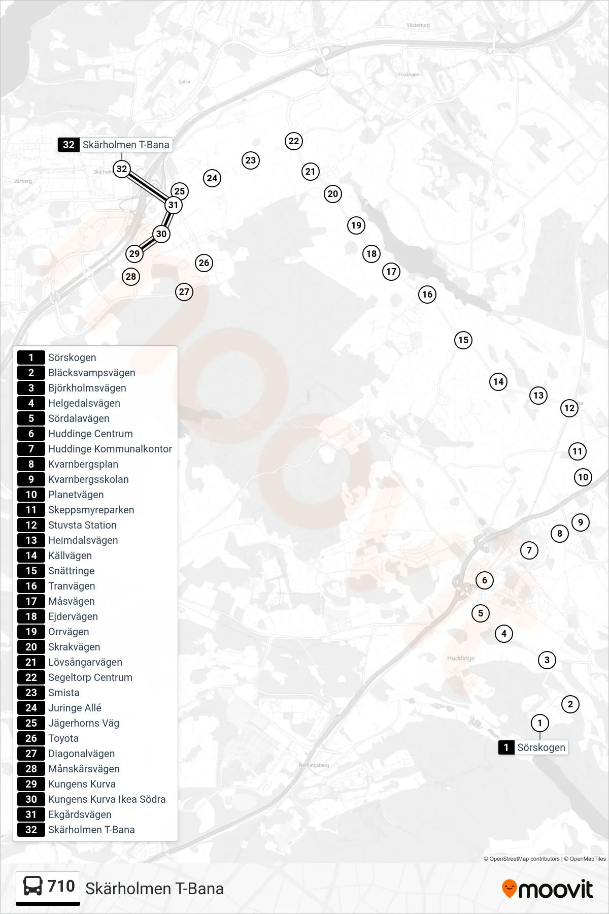 Rutt och hållplatser på karta för linje 710 buss, (Skärholmen T-Bana)