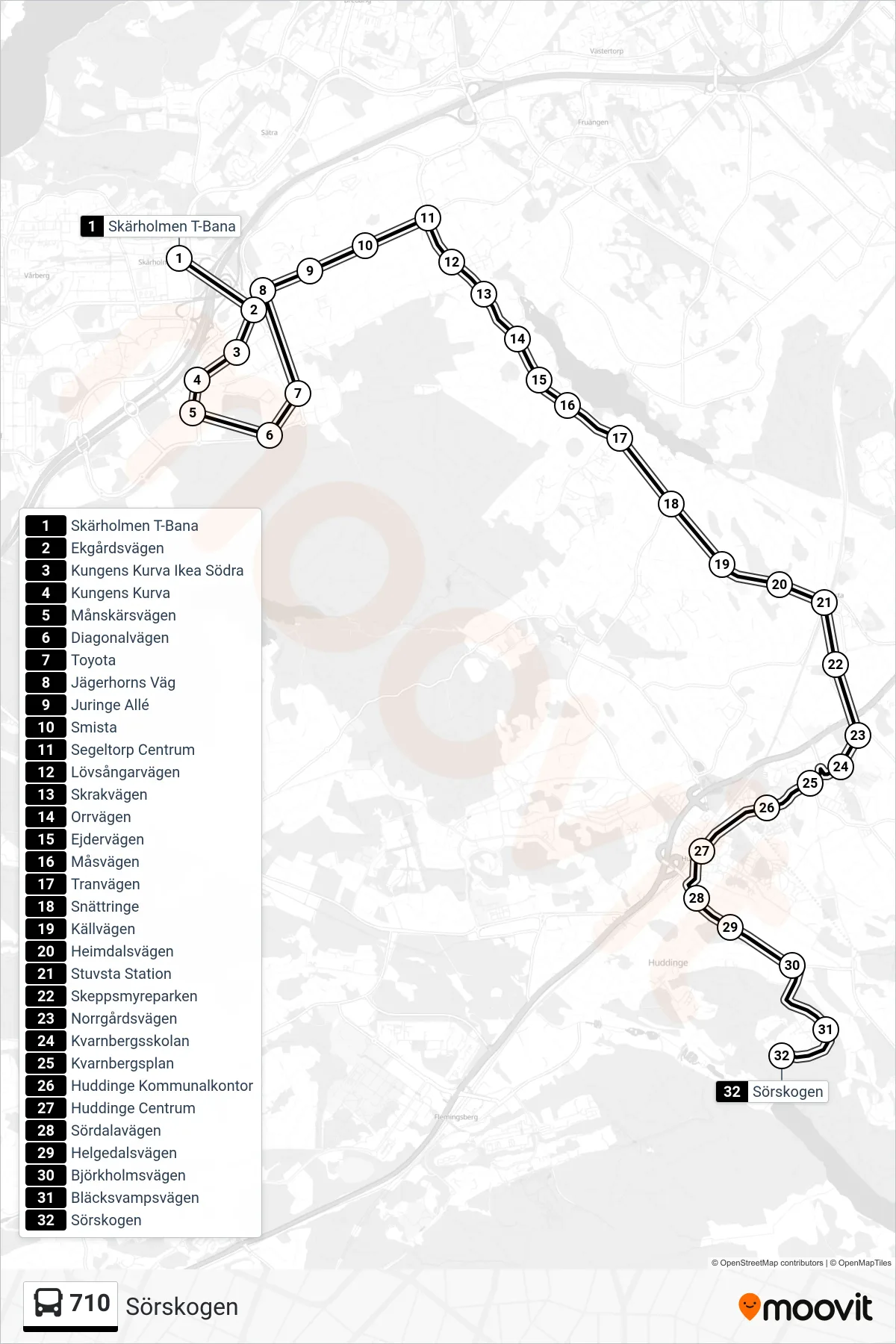 Rutt och hållplatser på karta för linje 710 buss, (Sörskogen)