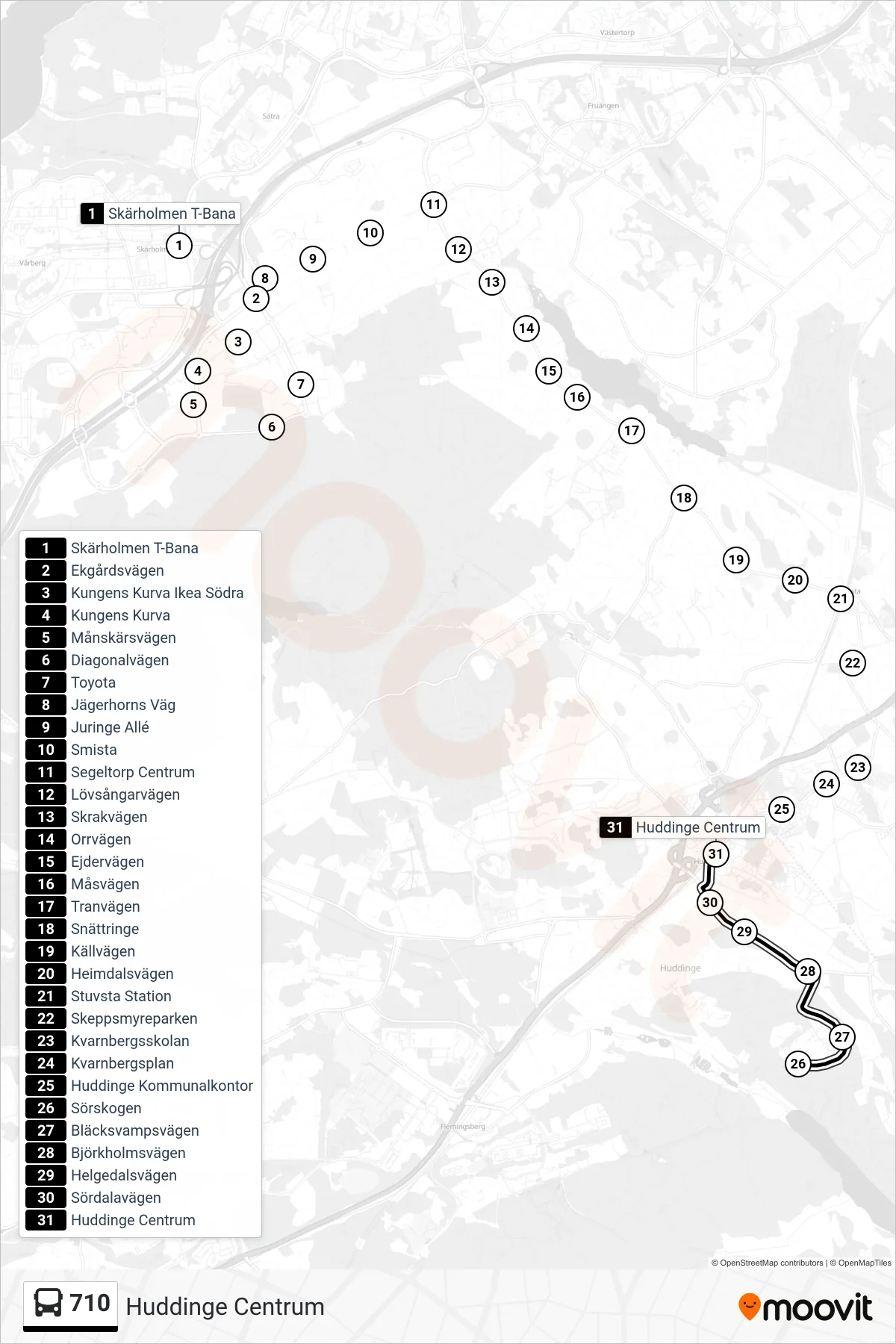 Rutt och hållplatser på karta för linje 710 buss, (Huddinge Centrum)