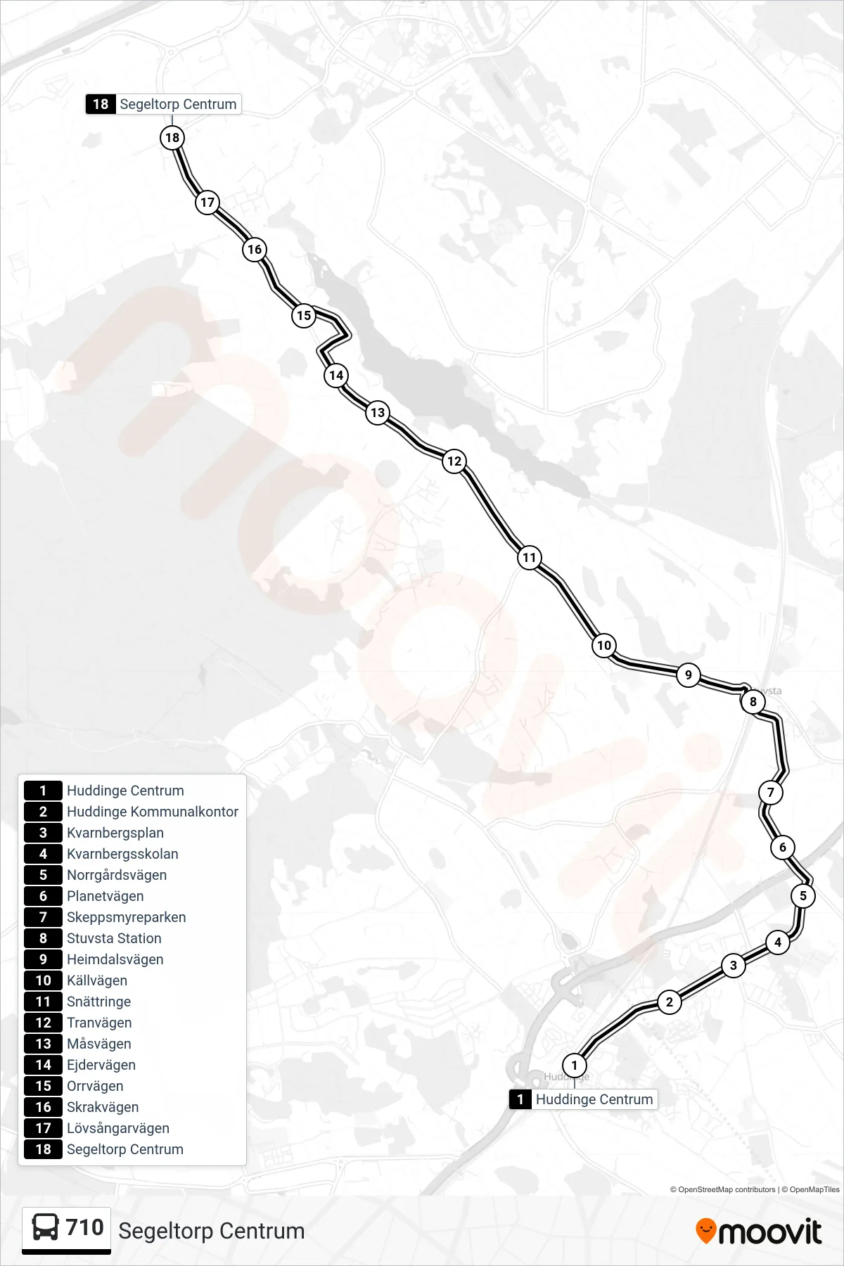 Rutt och hållplatser på karta för linje 710 buss, (Segeltorp Centrum)