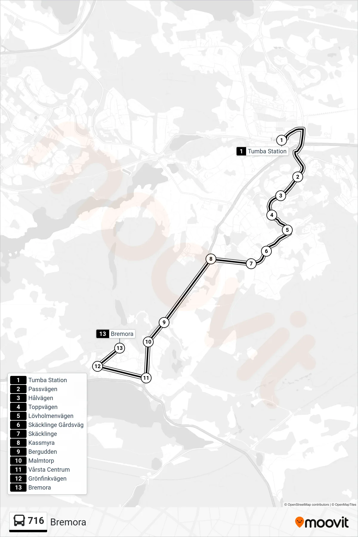 Rutt och hållplatser på karta för linje 716 buss, (Bremora)