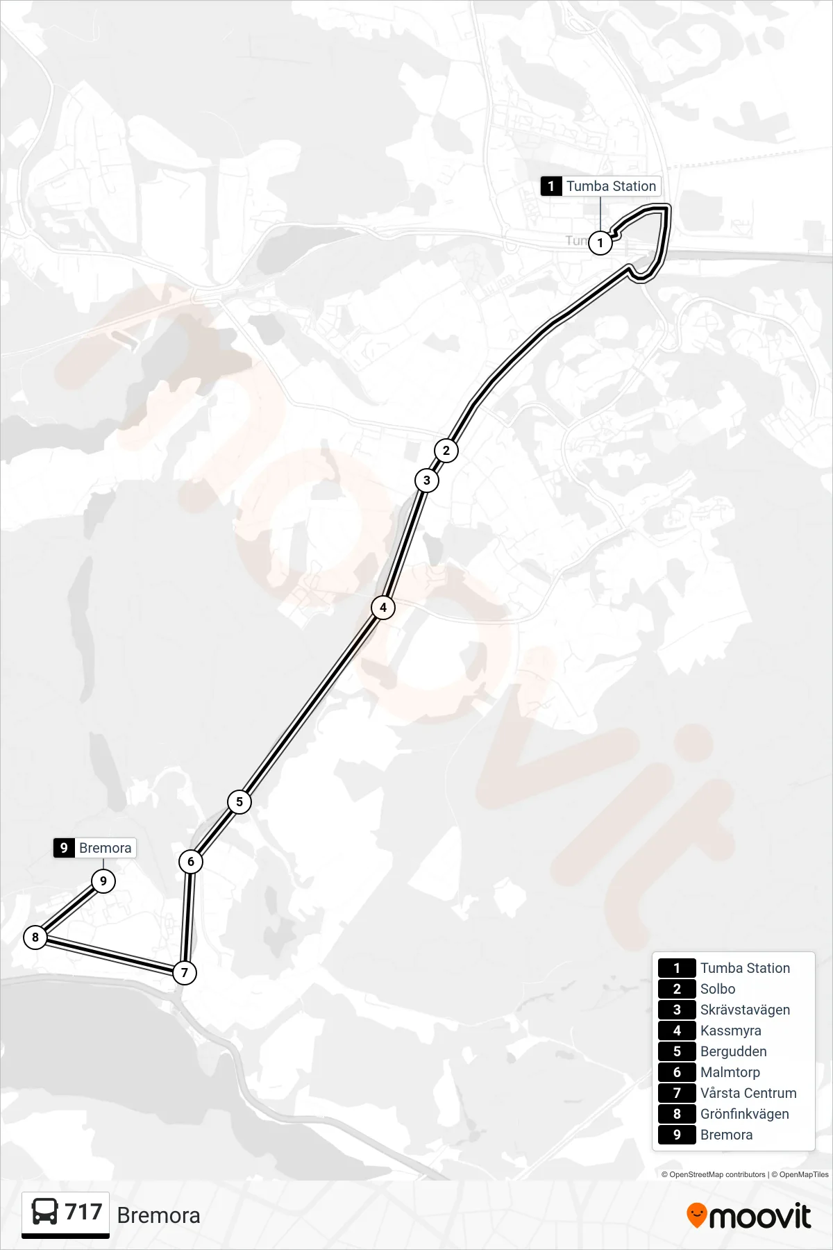 Rutt och hållplatser på karta för linje 717  buss, (Bremora)