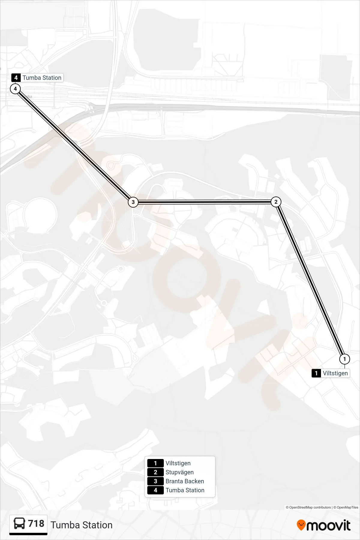 Rutt och hållplatser på karta för linje 718 buss, (Tumba Station)