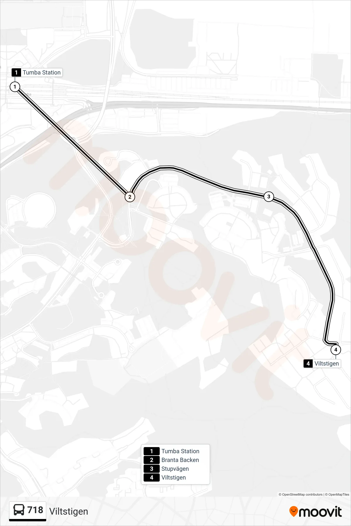 Rutt och hållplatser på karta för linje 718 buss, (Viltstigen)
