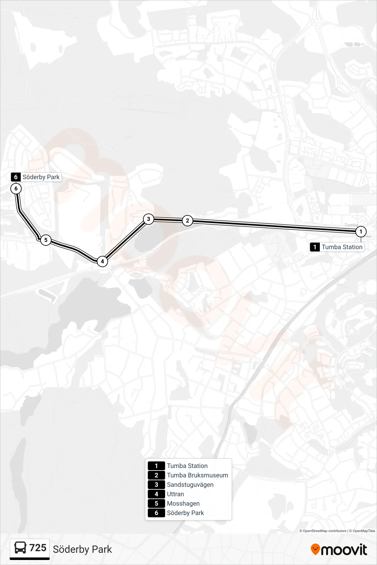 Rutt och hållplatser på karta för linje 725  buss, (Söderby Park)