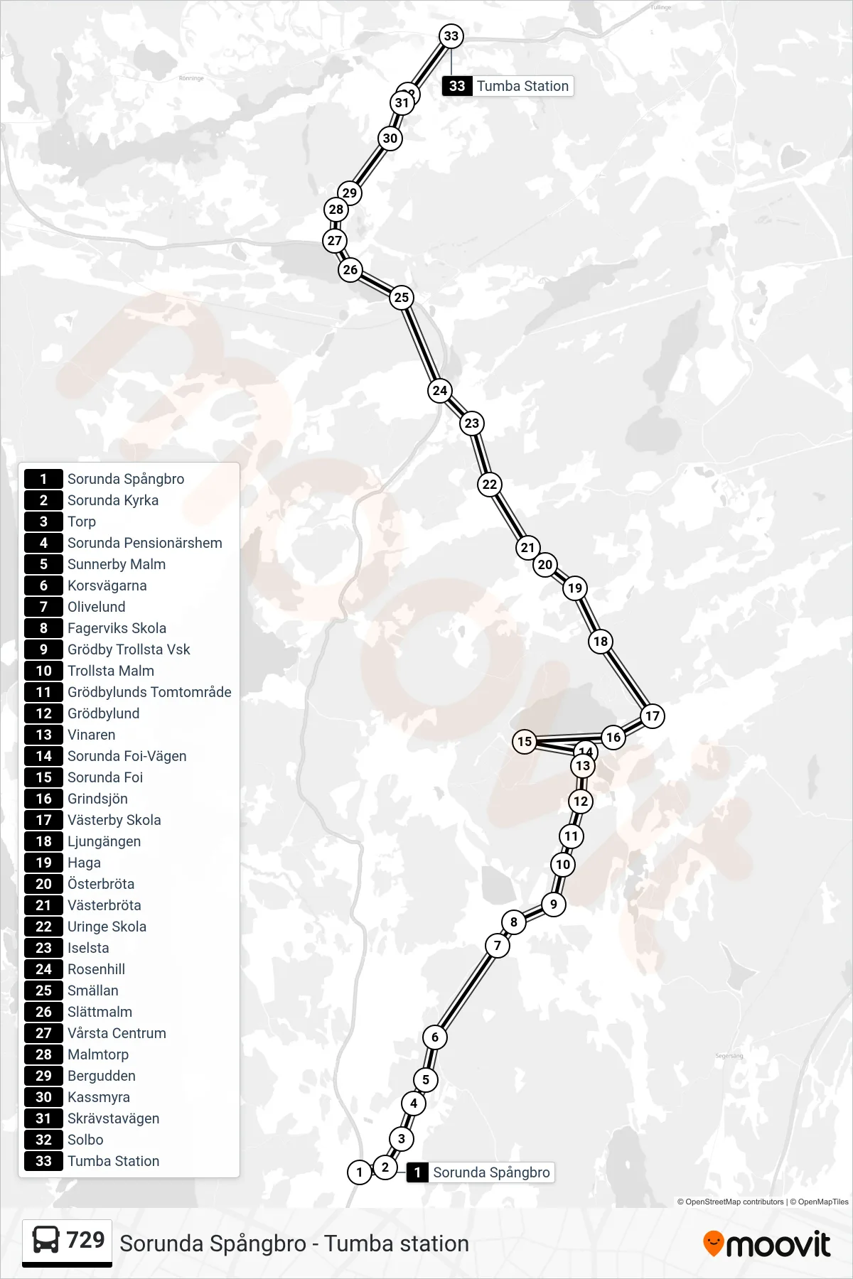 Rutt och hållplatser på karta för linje 729 buss, (Tumba Station)
