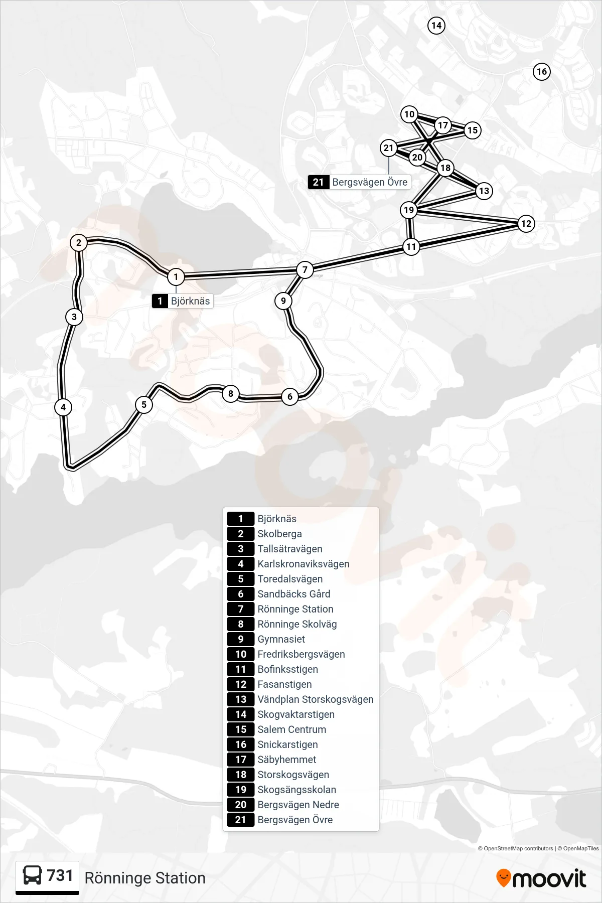 Rutt och hållplatser på karta för linje 731 buss, (Rönninge Station)