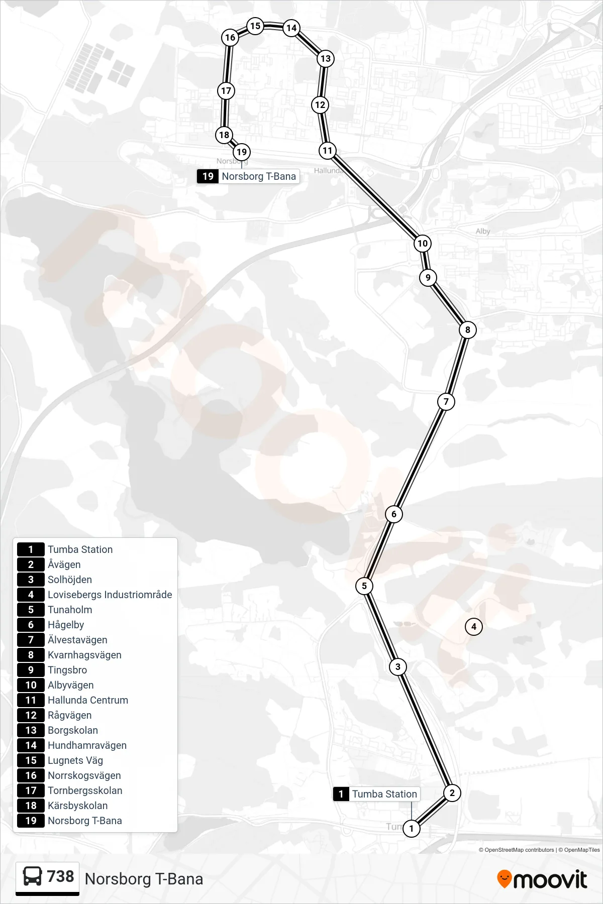 Rutt och hållplatser på karta för linje 738 buss, (Norsborg T-Bana)
