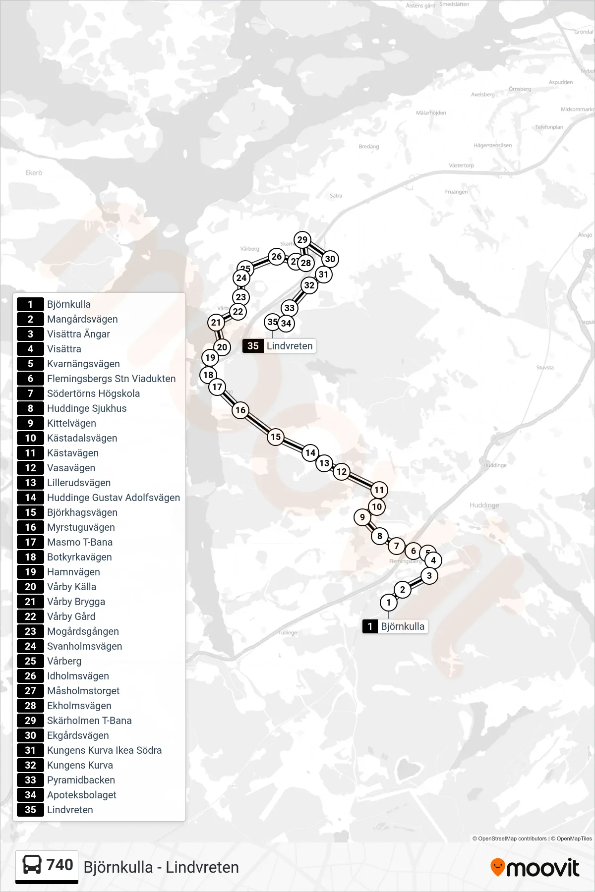 Rutt och hållplatser på karta för linje 740 buss, (Lindvreten)