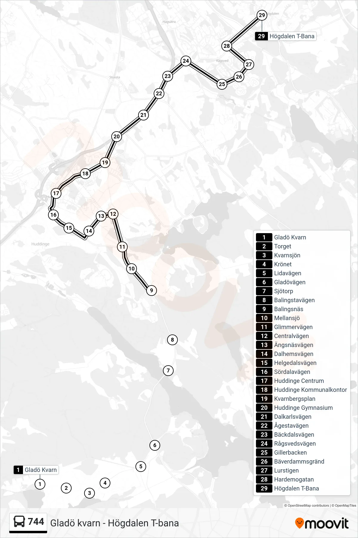 Rutt och hållplatser på karta för linje 744 buss, (Högdalen T-Bana)