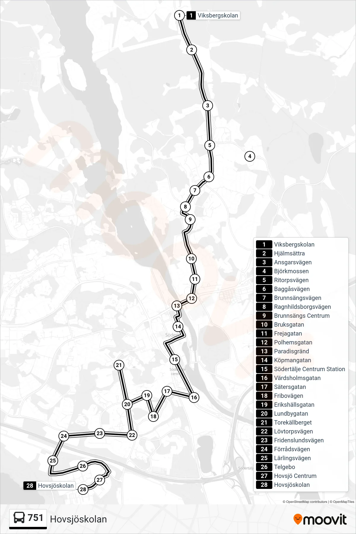 Rutt och hållplatser på karta för linje 751 buss, (Hovsjöskolan)