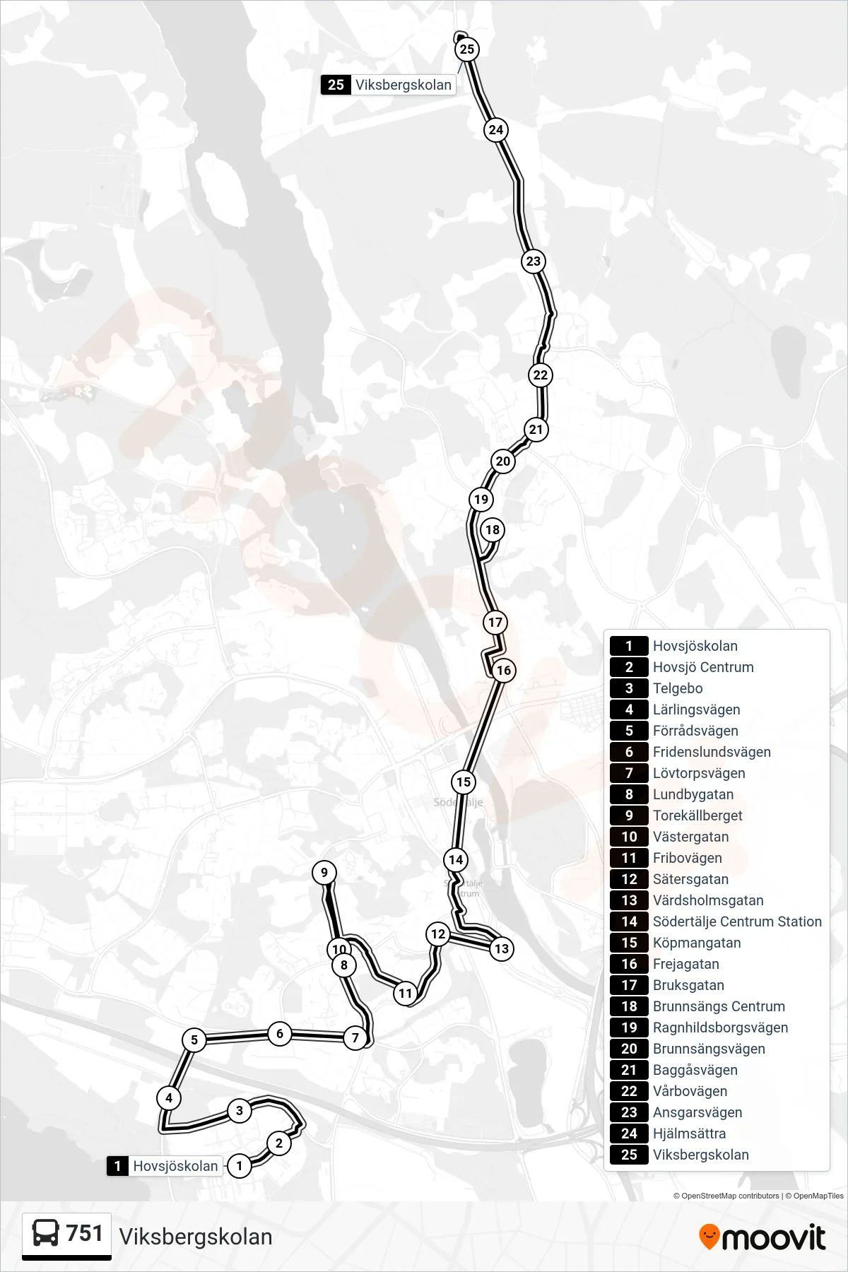 Rutt och hållplatser på karta för linje 751 buss, (Viksbergskolan)