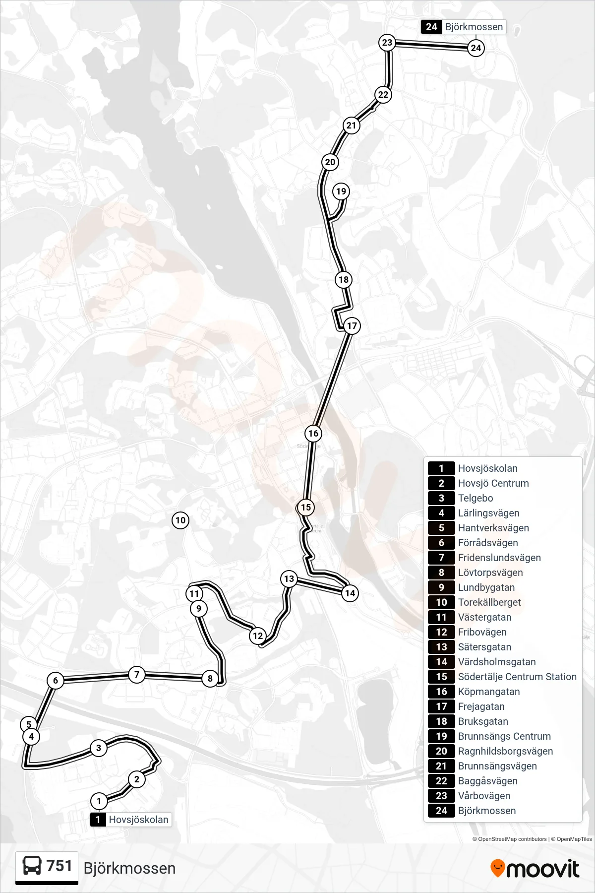 Rutt och hållplatser på karta för linje 751  buss, (Björkmossen)