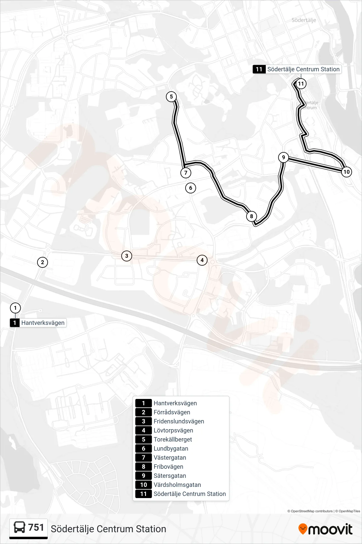 Rutt och hållplatser på karta för linje 751 buss, (Södertälje Centrum Station)