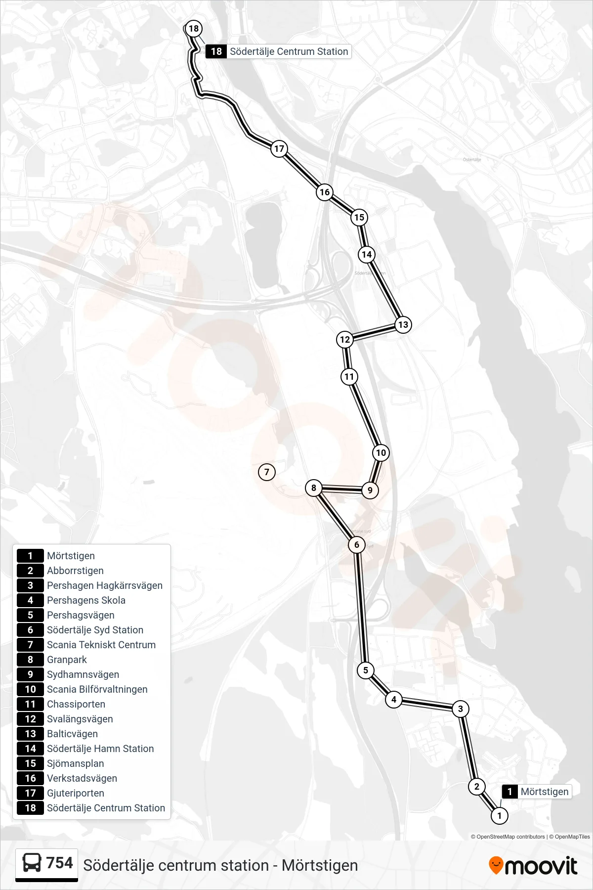 Rutt och hållplatser på karta för linje 754 buss, (Södertälje Centrum Station)