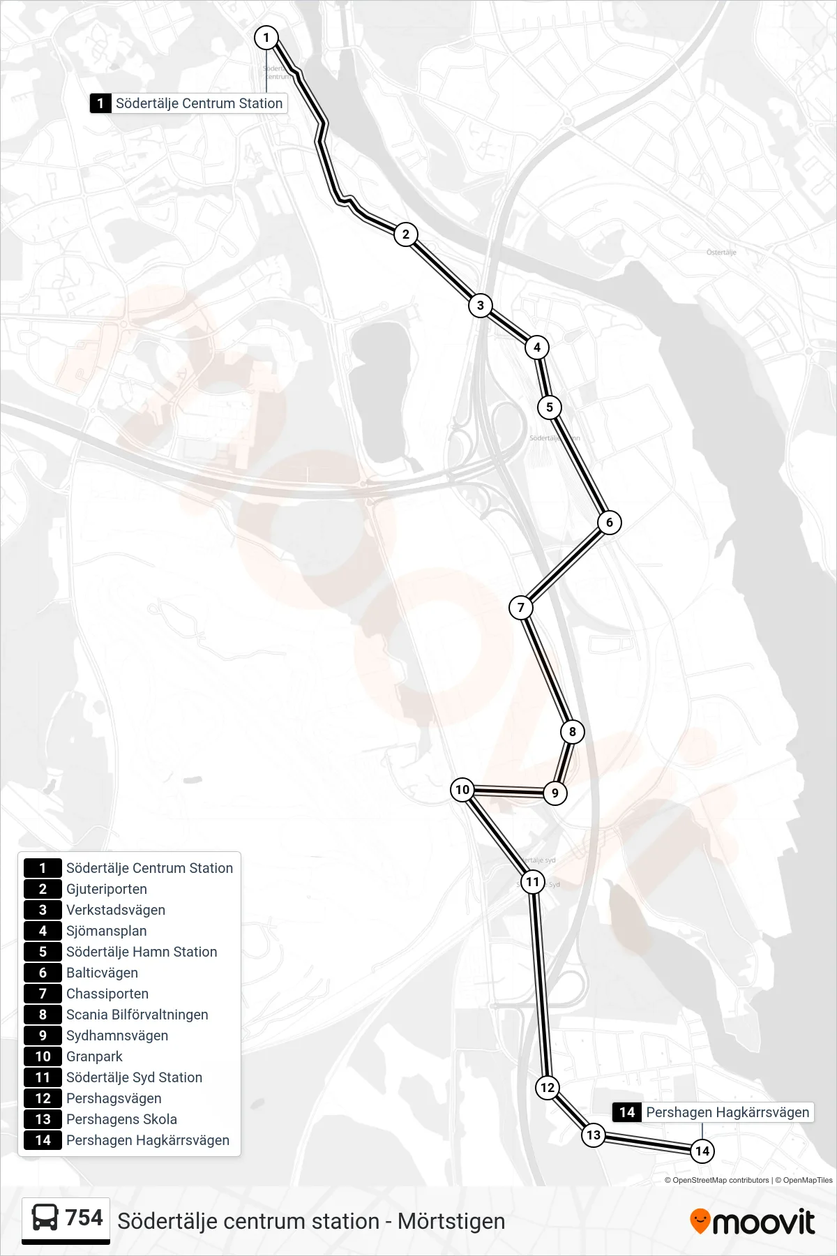 Rutt och hållplatser på karta för linje 754  buss, (Pershagen Hagkärrsvägen)