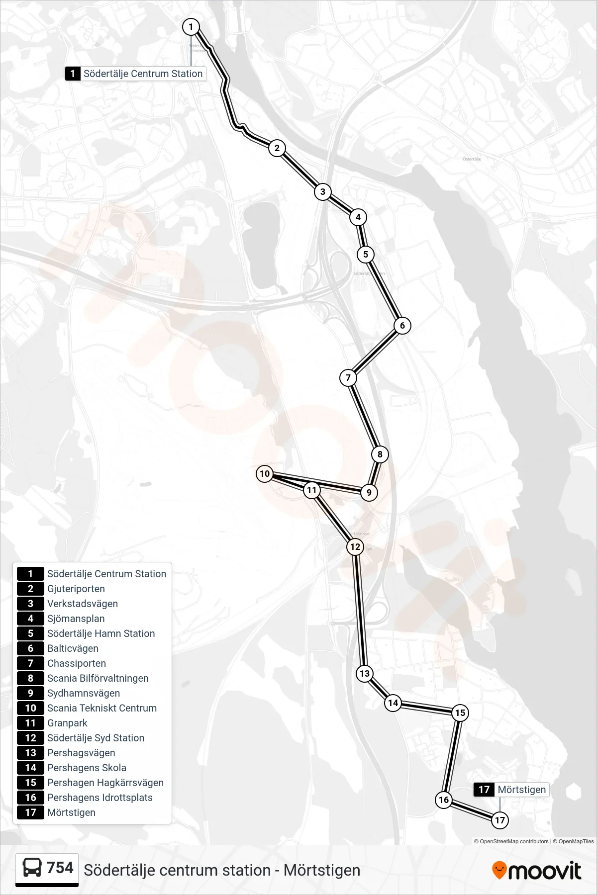 Rutt och hållplatser på karta för linje 754  buss, (Mörtstigen)