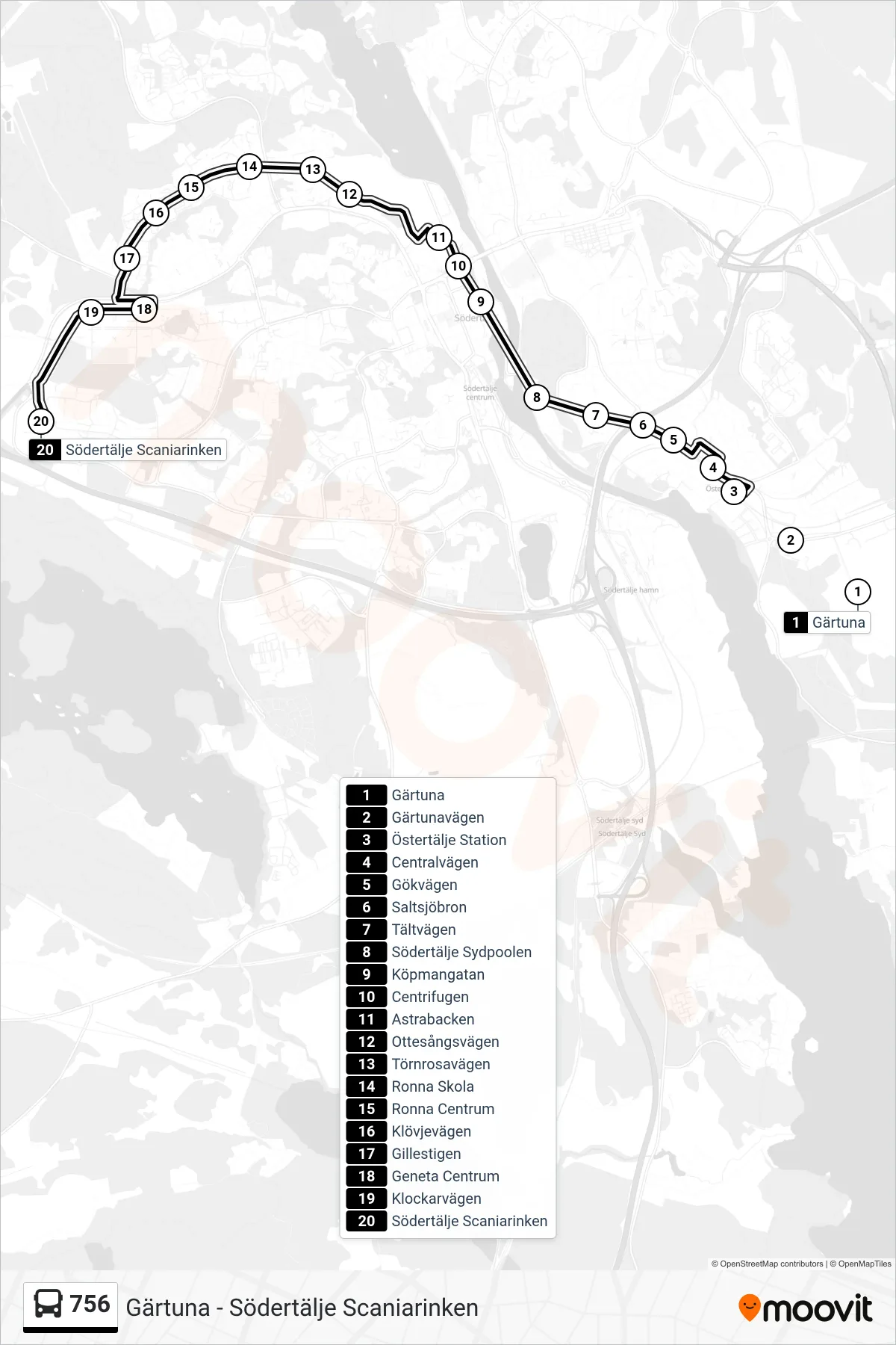 Rutt och hållplatser på karta för linje 756 buss, (Södertälje Scaniarinken)