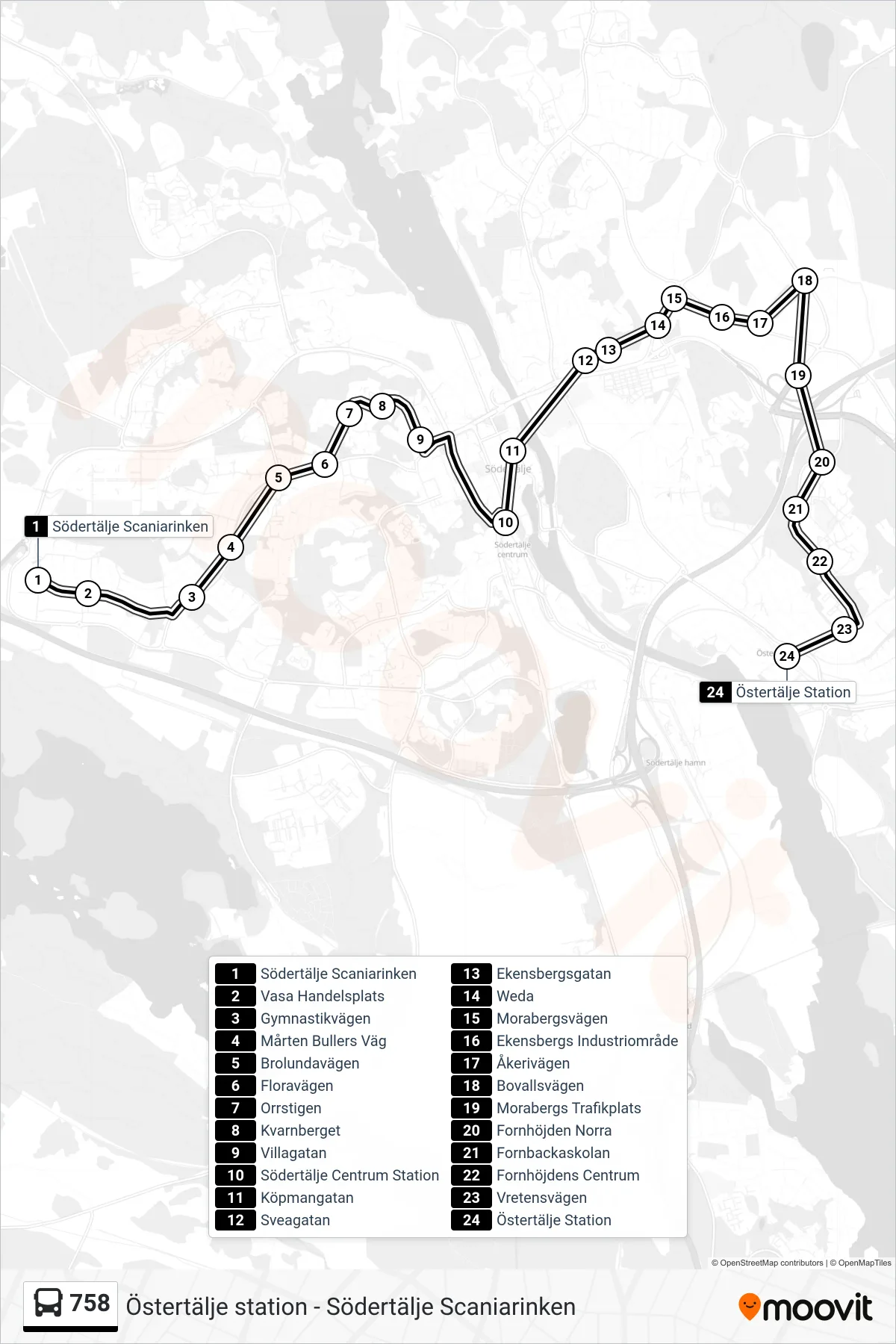Rutt och hållplatser på karta för linje 758 buss, (Östertälje Station)