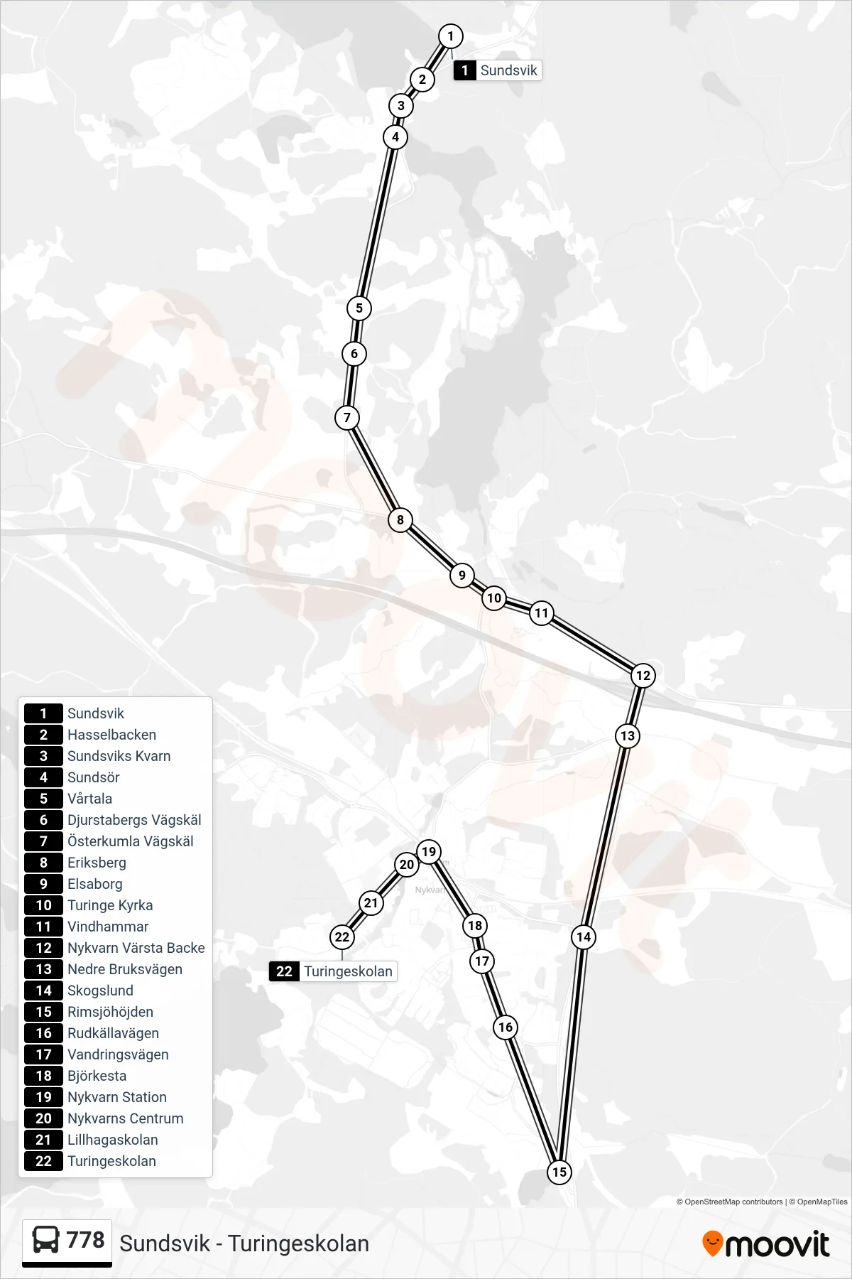Rutt och hållplatser på karta för linje 778  buss, (Turingeskolan)