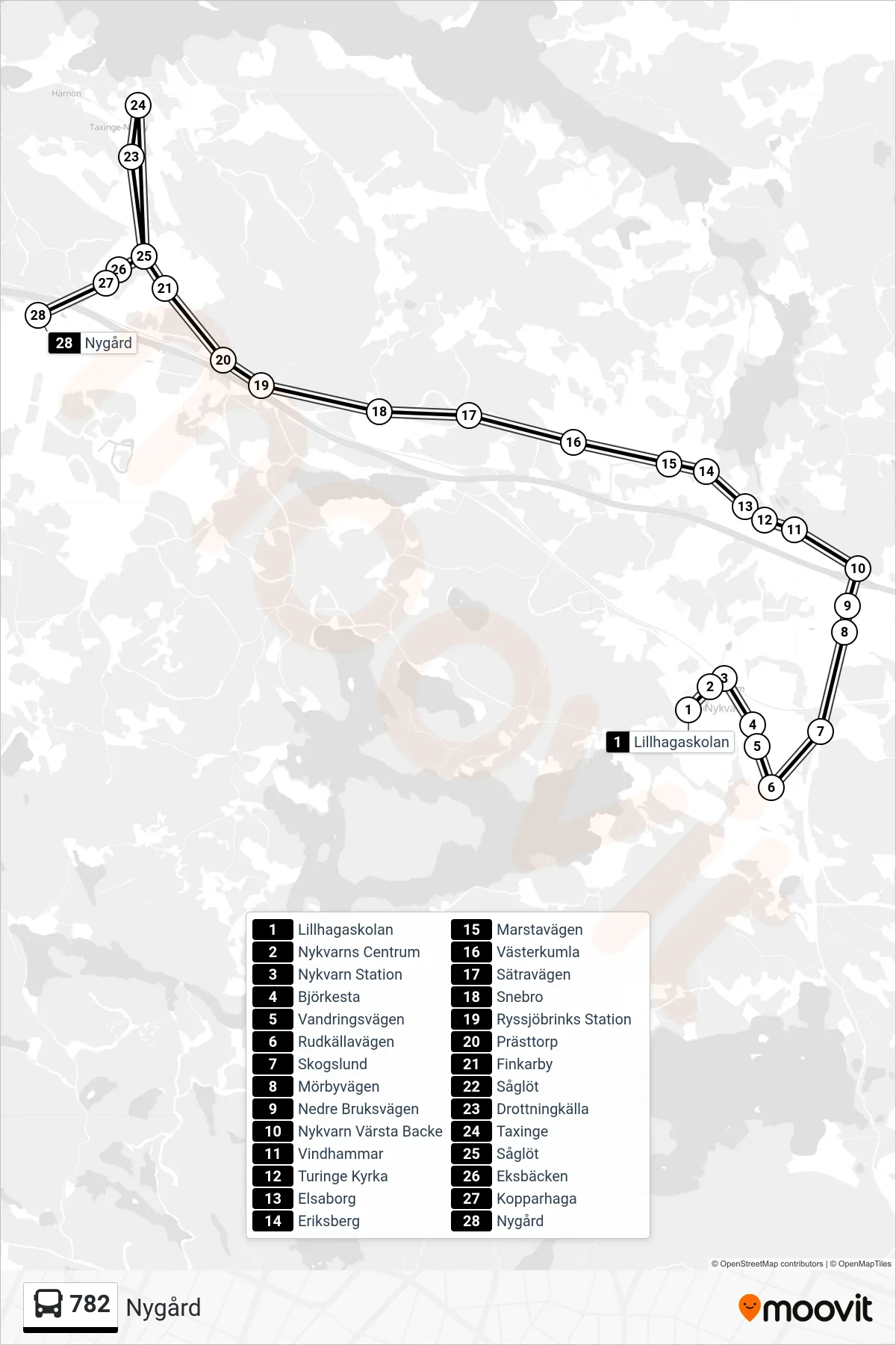 Rutt och hållplatser på karta för linje 782 buss, (Nygård)