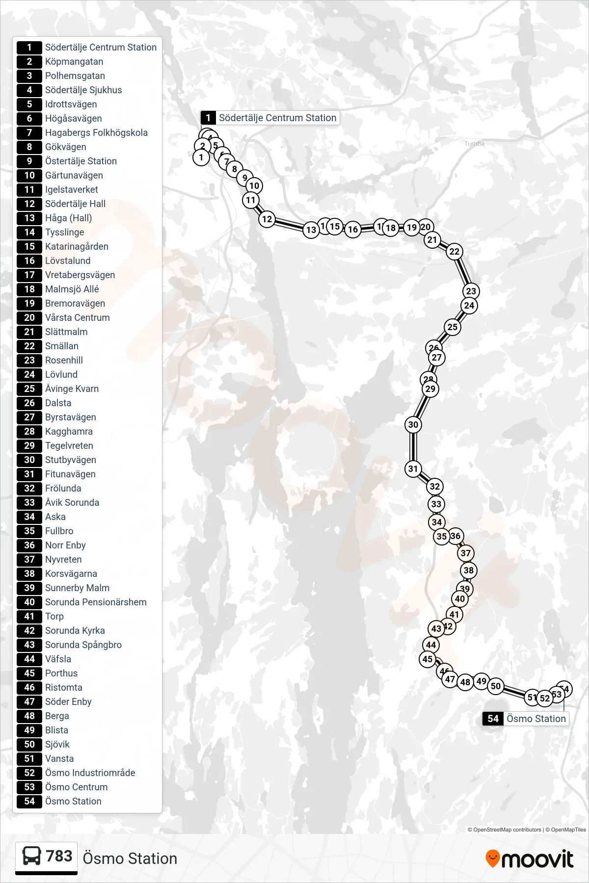 Rutt och hållplatser på karta för linje 783 buss, (Ösmo Station)