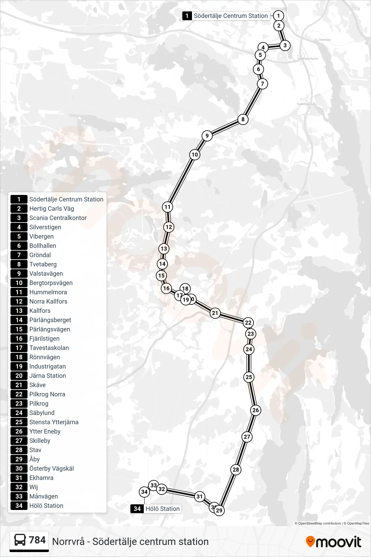 Rutt och hållplatser på karta för linje 784 buss, (Hölö Station)