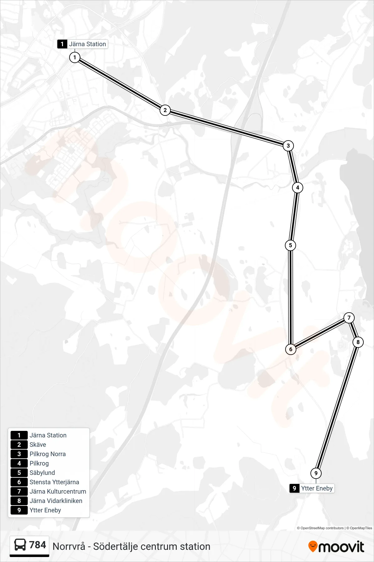 Rutt och hållplatser på karta för linje 784  buss, (Ytter Eneby)