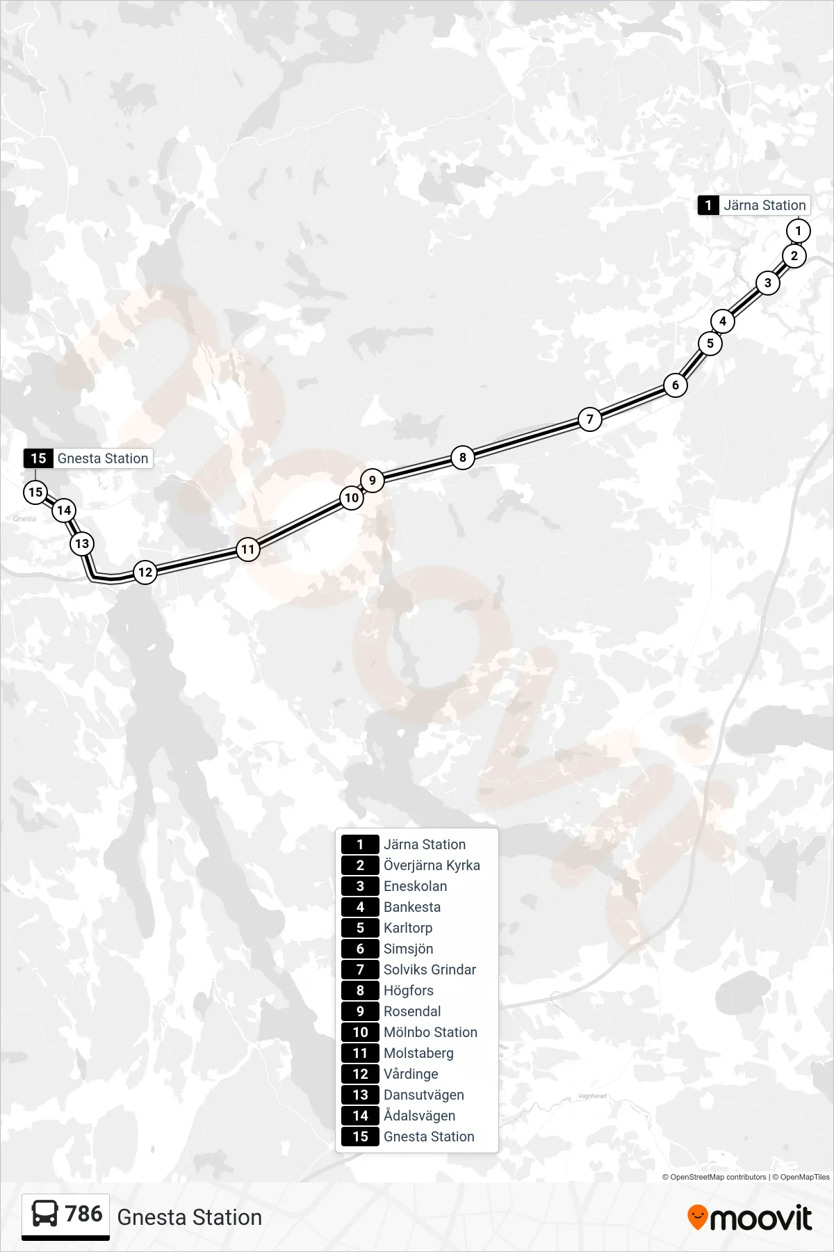 Rutt och hållplatser på karta för linje 786  buss, (Gnesta Station)