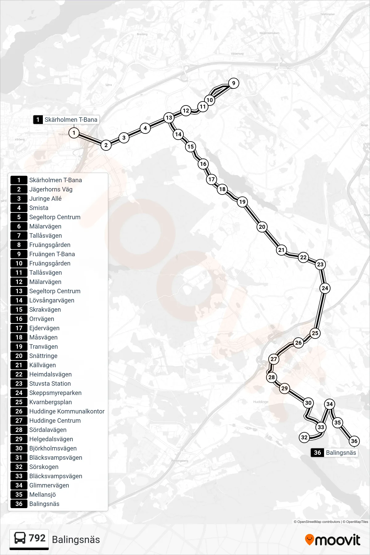 Rutt och hållplatser på karta för linje 792  buss, (Balingsnäs)