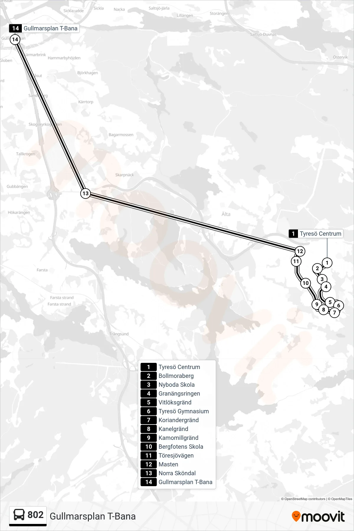 Rutt och hållplatser på karta för linje 802  buss, (Gullmarsplan T-Bana)