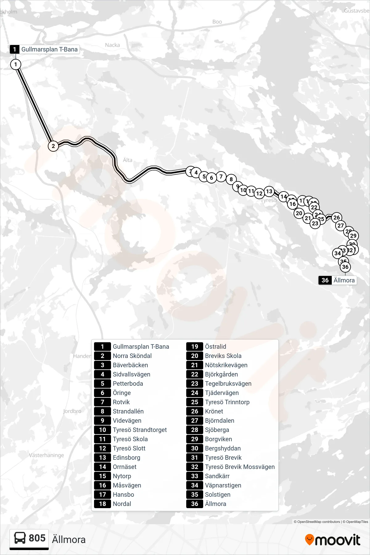Rutt och hållplatser på karta för linje 805 buss, (Ällmora)