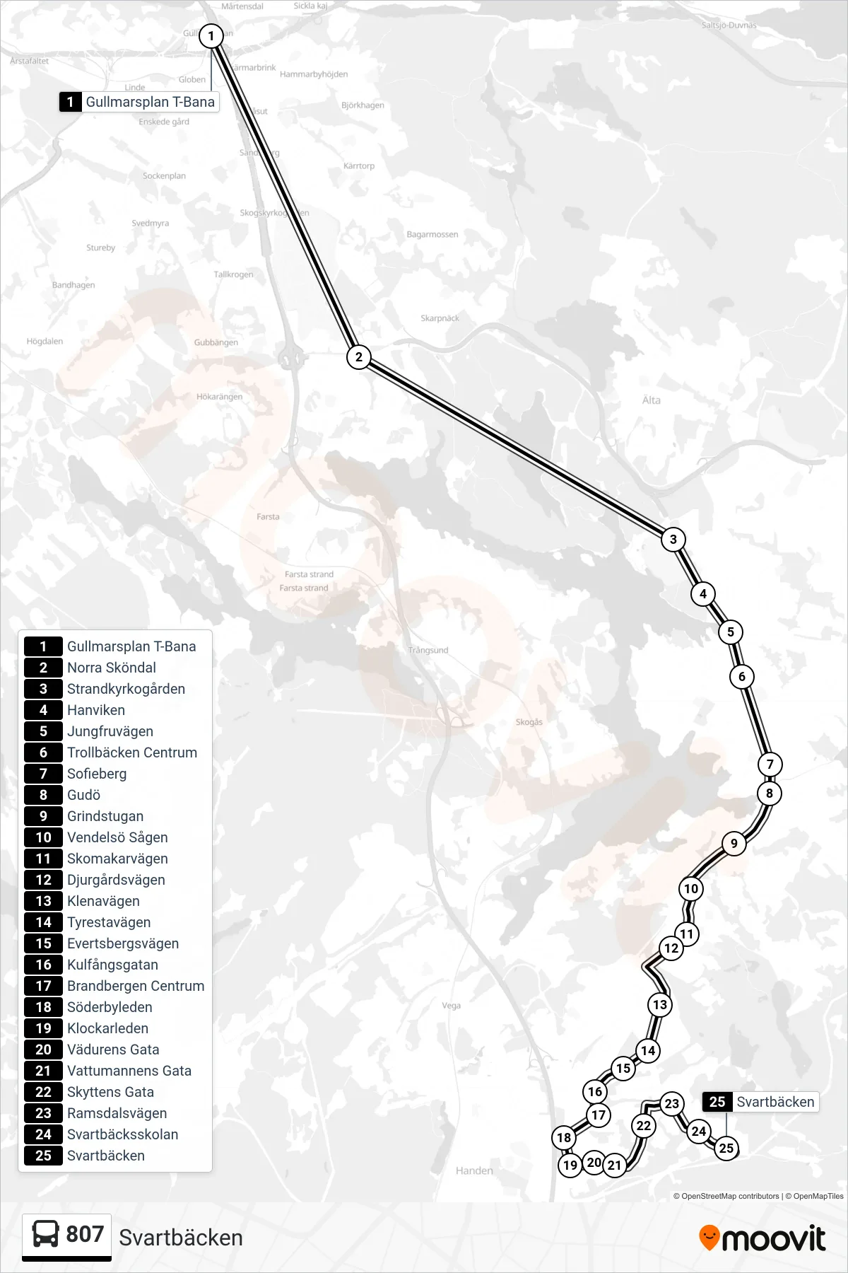 Rutt och hållplatser på karta för linje 807  buss, (Svartbäcken)