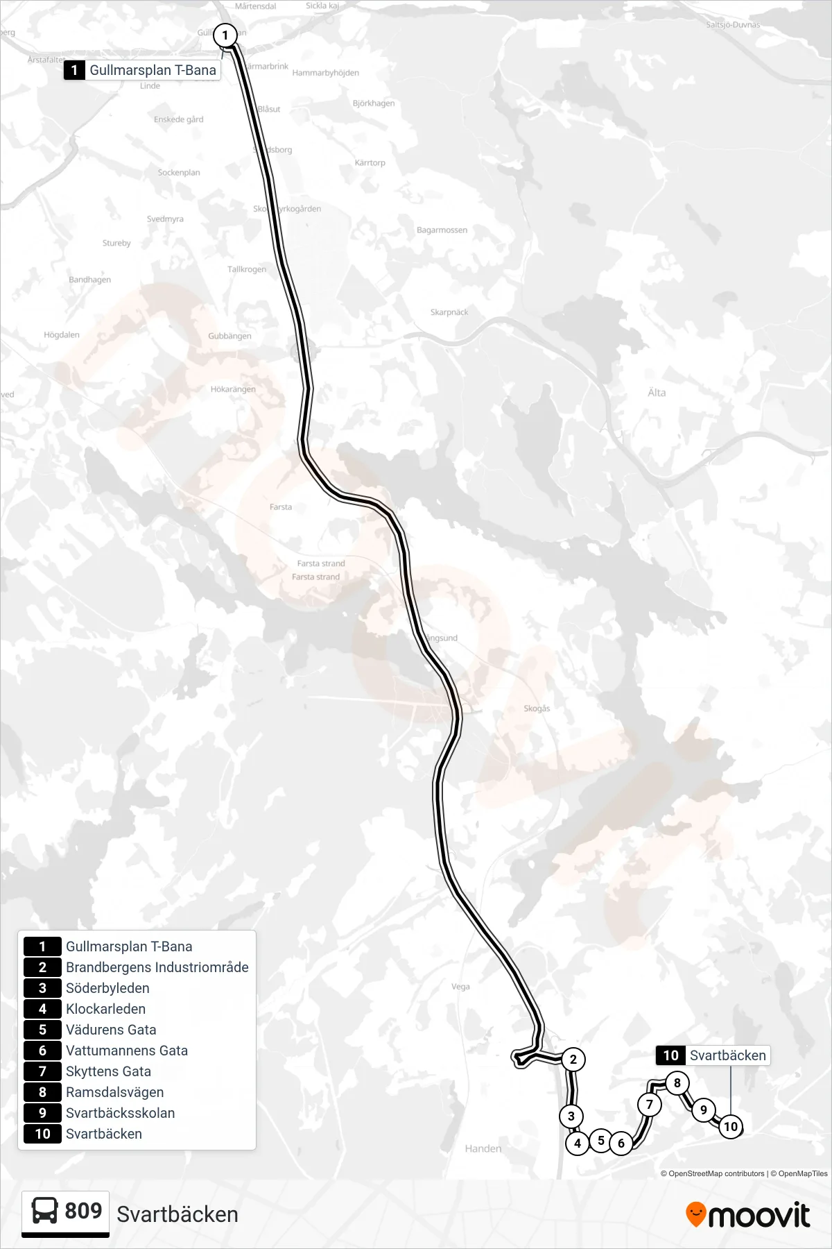 Rutt och hållplatser på karta för linje 809 buss, (Svartbäcken)