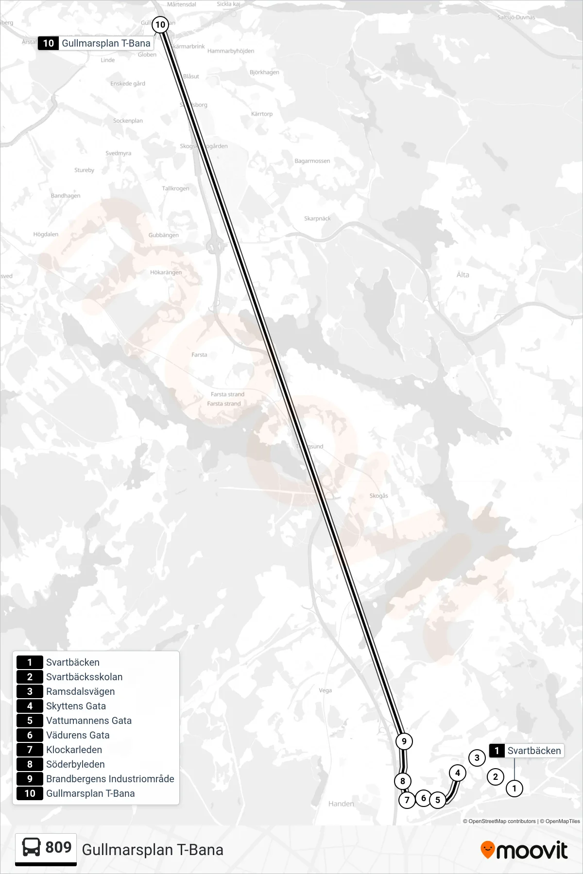 Rutt och hållplatser på karta för linje 809 buss, (Gullmarsplan T-Bana)