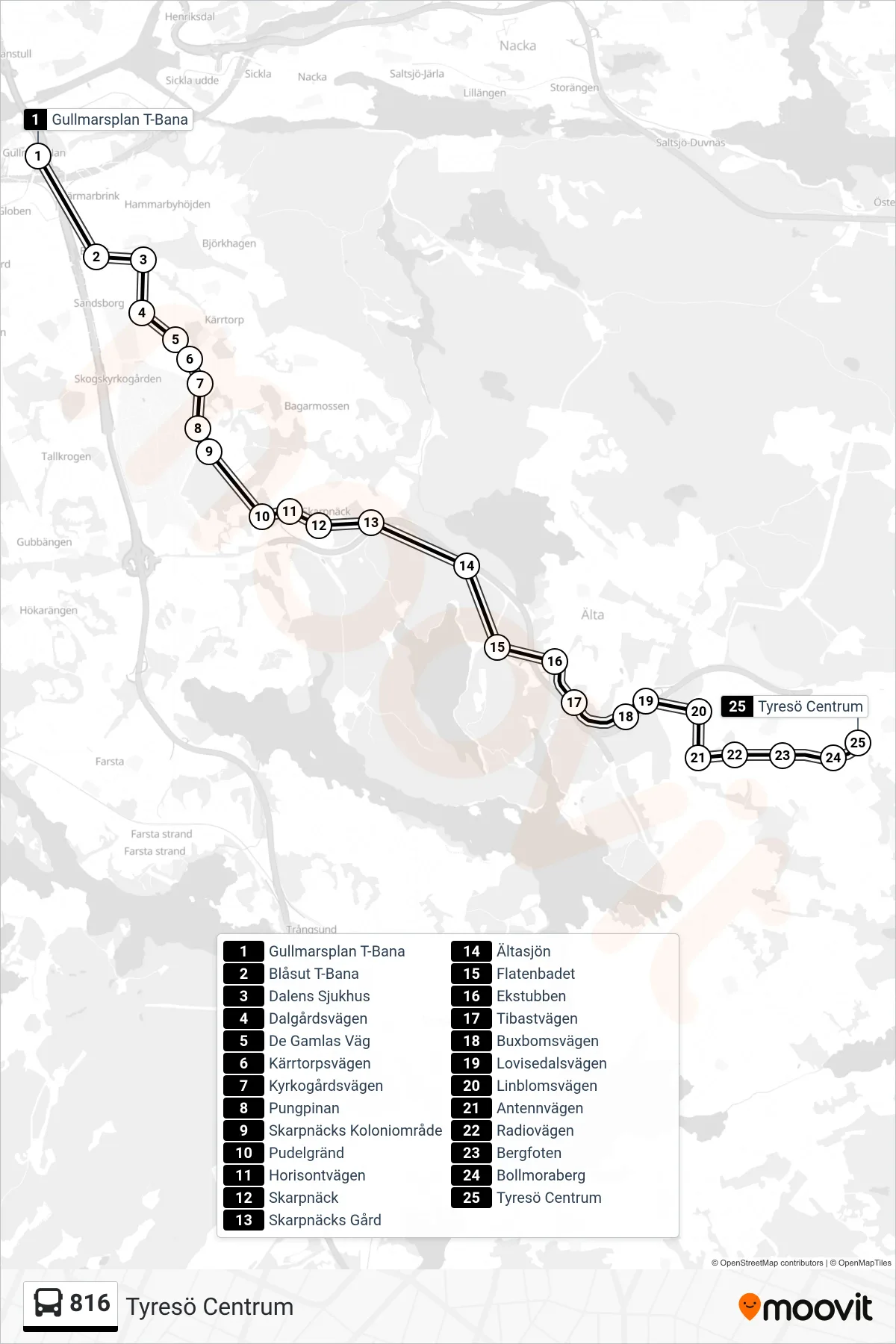 Rutt och hållplatser på karta för linje 816  buss, (Tyresö Centrum)