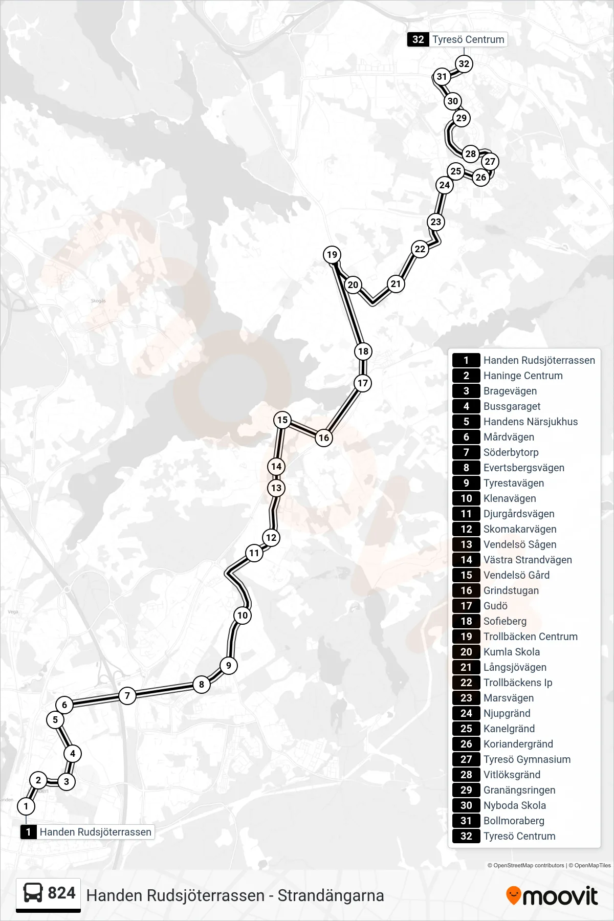 Rutt och hållplatser på karta för linje 824  buss, (Tyresö Centrum)