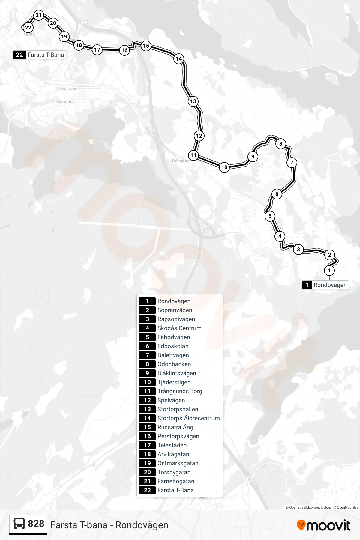 Rutt och hållplatser på karta för linje 828 buss, (Farsta T-Bana)