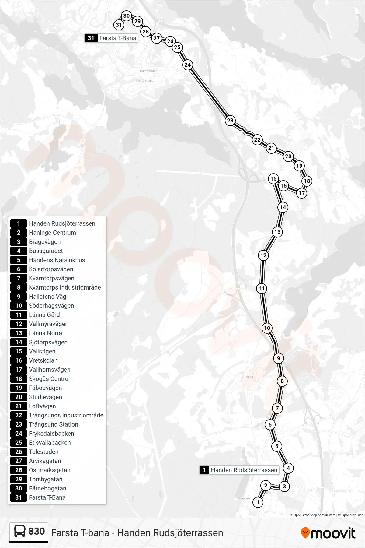 Rutt och hållplatser på karta för linje 830 buss, (Farsta T-Bana)