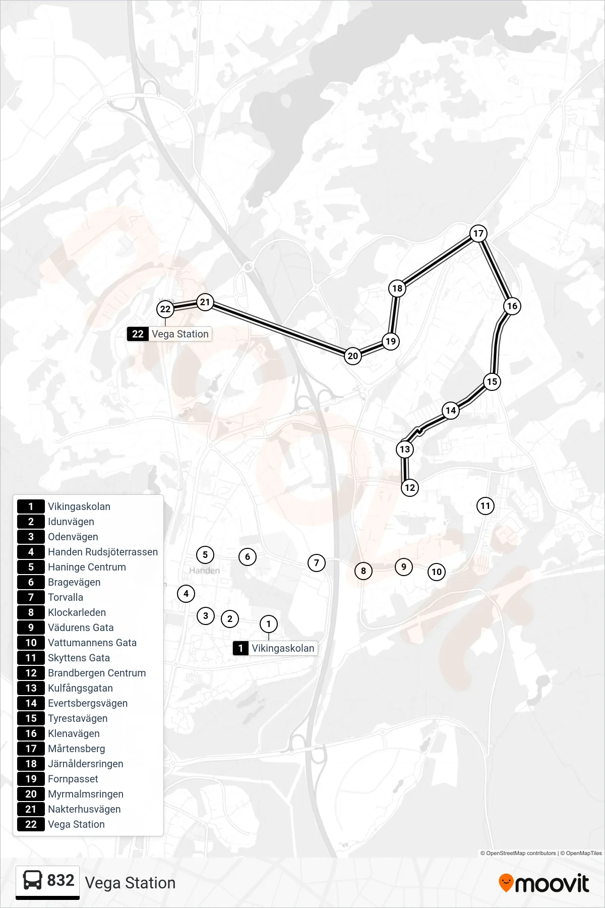 Rutt och hållplatser på karta för linje 832 buss, (Vega Station)
