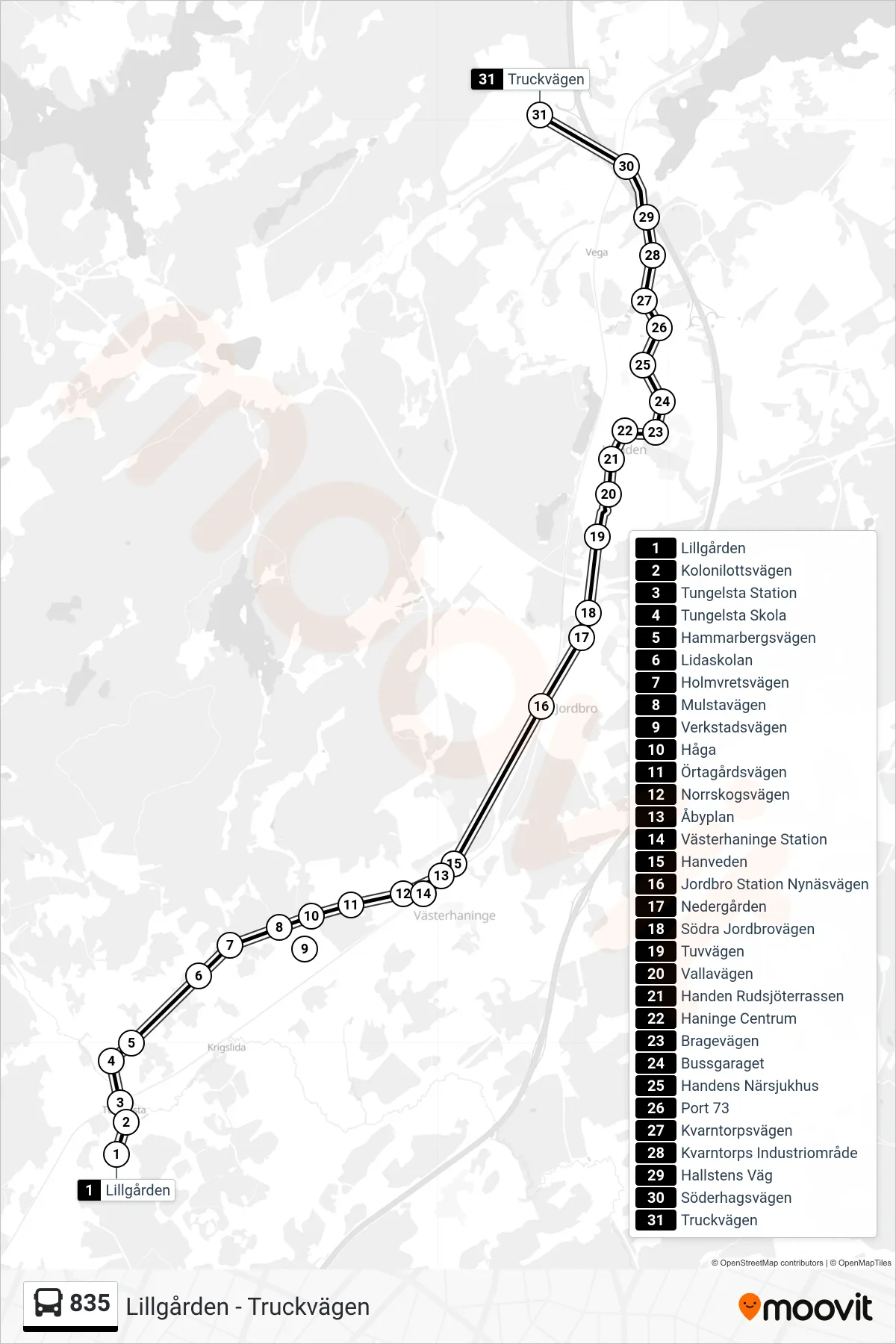 Rutt och hållplatser på karta för linje 835 buss, (Truckvägen)