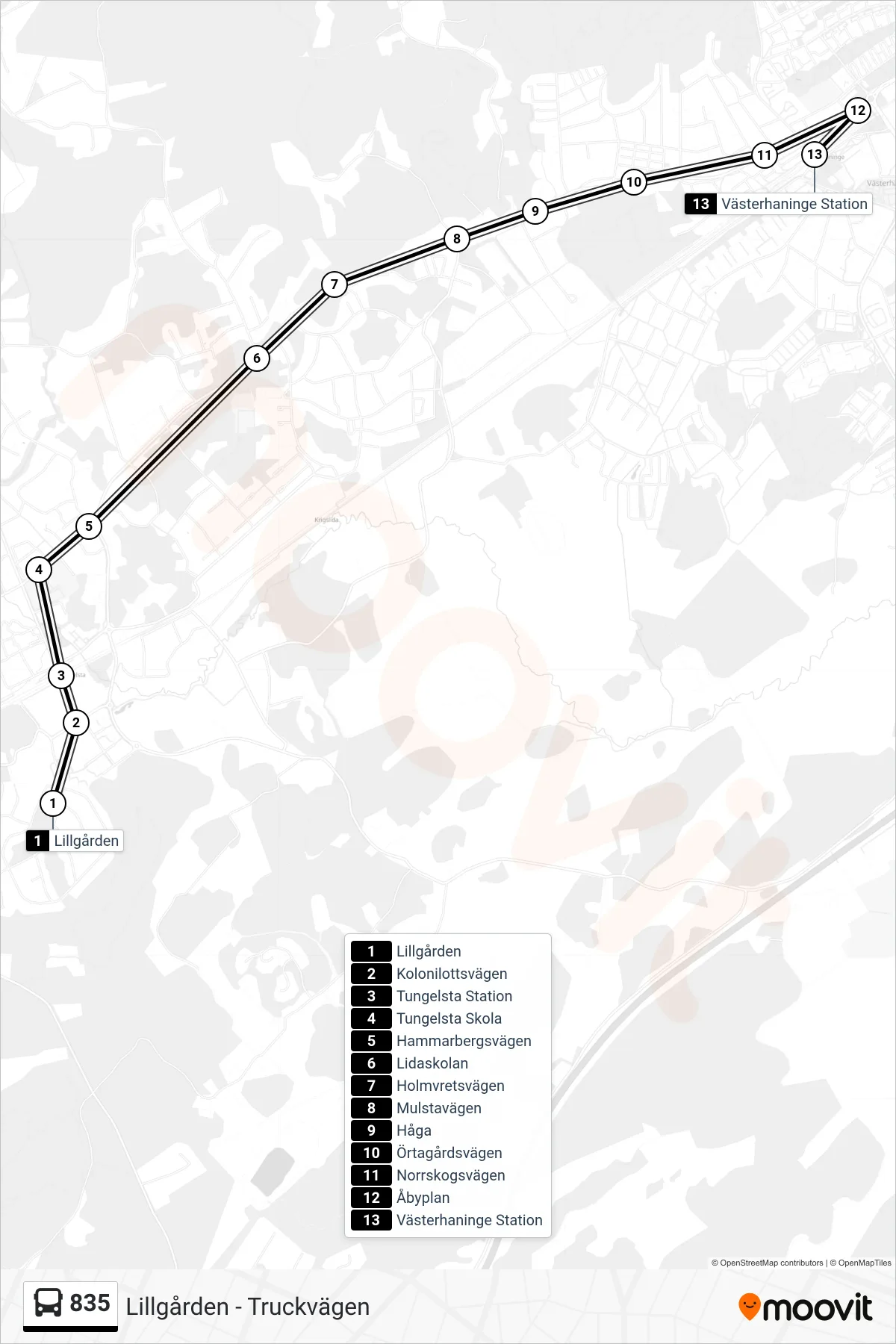 Rutt och hållplatser på karta för linje 835  buss, (Västerhaninge Station)