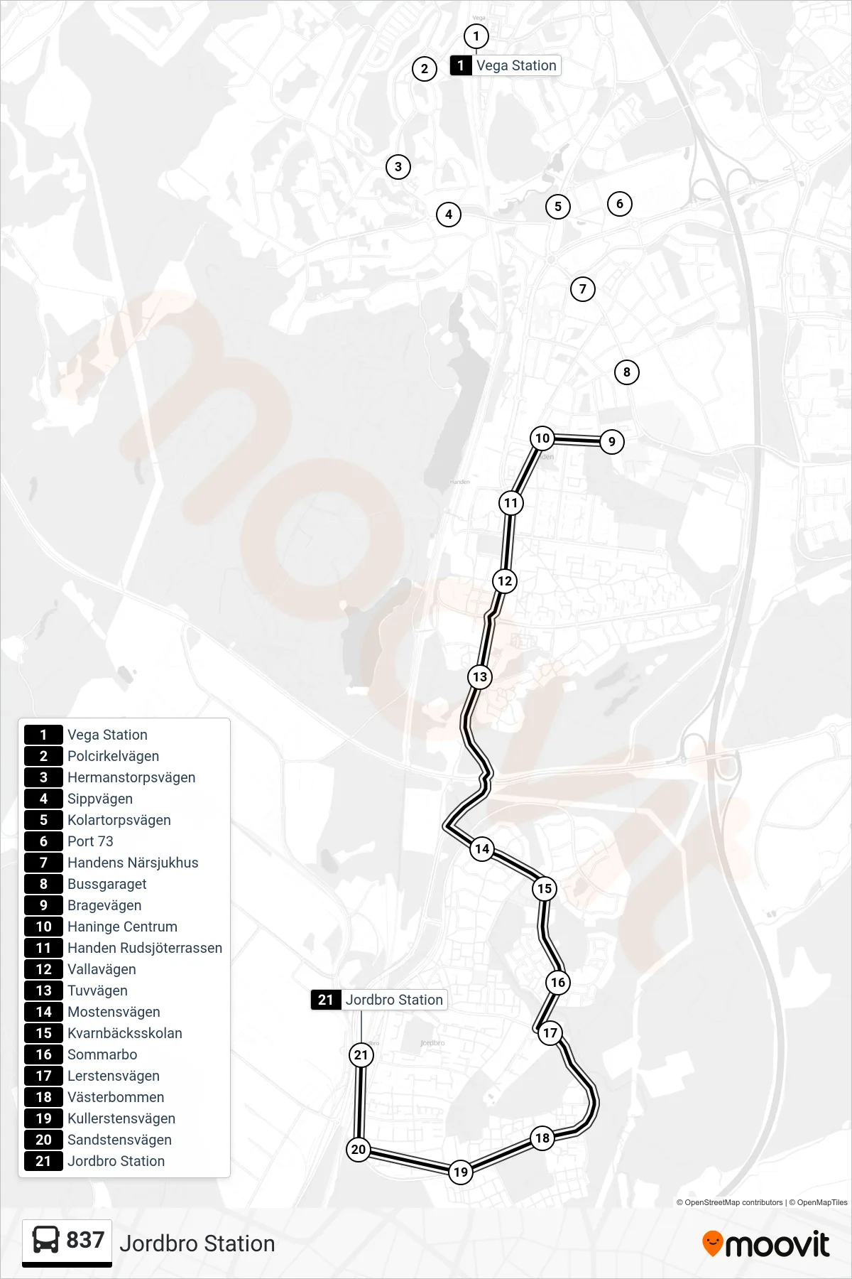 Rutt och hållplatser på karta för linje 837 buss, (Jordbro Station)