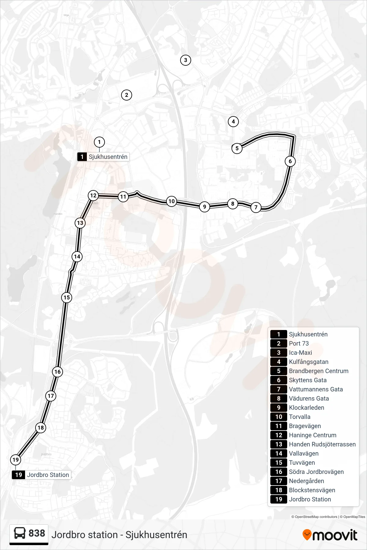Rutt och hållplatser på karta för linje 838 buss, (Jordbro Station)